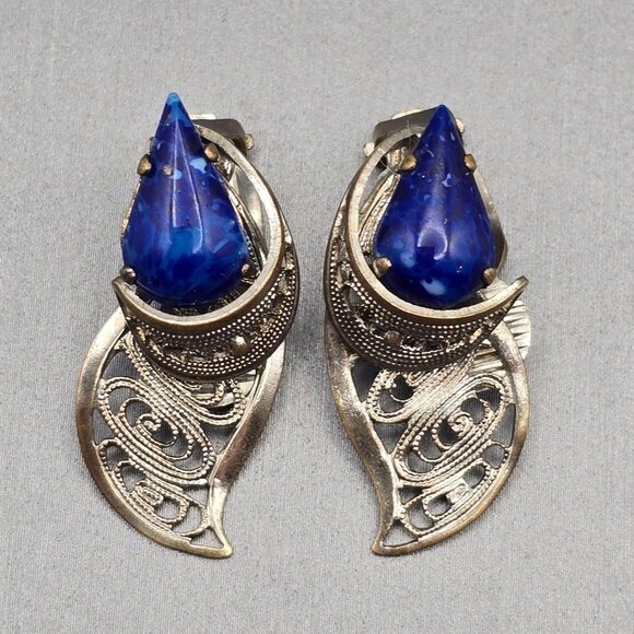 West Germany Jewelry - VTG West German Silver Filigree Clip-On Earrings 1.25" Blue Glass Stone 1950s